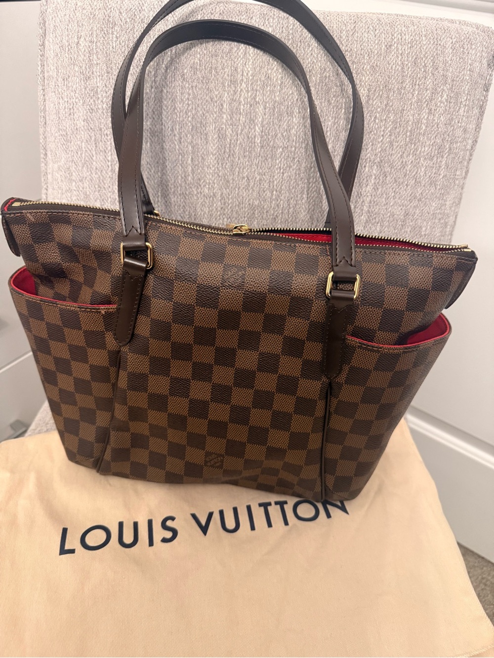 Louis Vuitton Damier Ebene Canvas Shopper Tote with Red Interior Accents - Picture 6 of 14